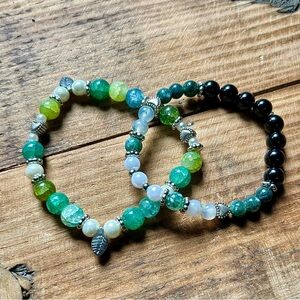 Green and Black Beaded Bracelets Set